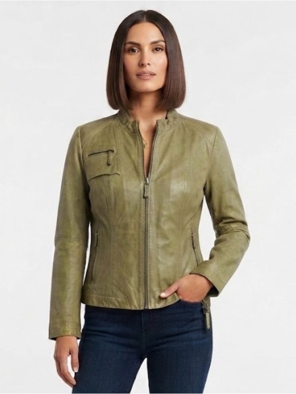 GMS 75 Vintage Distressed Sage Green Leather Motorcycle Jacket Iridescent Liner